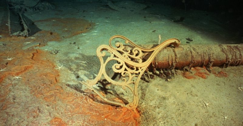 The remains of a bronze deck bench lies among the wreckage of the Titan