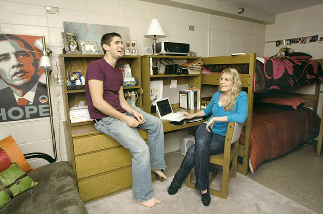 Man and woman chat in dorm room in Sellery Hall, 2008.