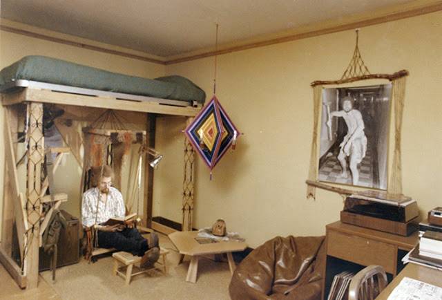 Single room, complete with a lofted bed, hanging chair, and dreamcatcher, ca. 1970s.