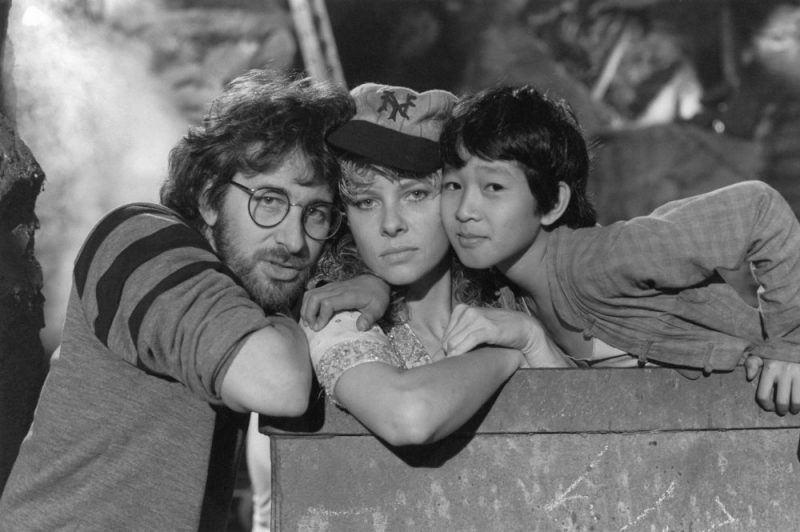 Spielberg with actors Kate Capshaw and Ke Huy Quan in the mining cart used for the breathless chase sequence towards the end of the film