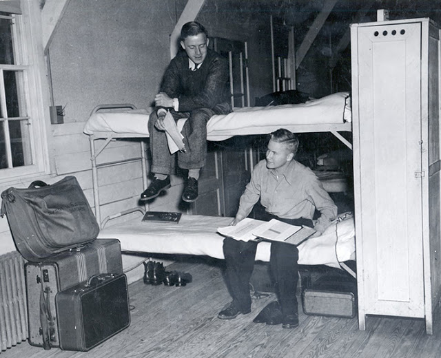 Students studied on bunk beds in this barracks-style dorm, ca. 1945.