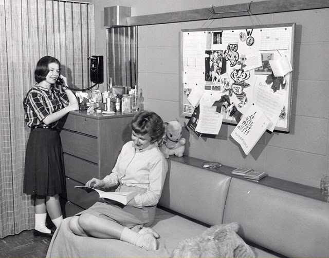 Two women in room in Holt Dormitory, 1950s.