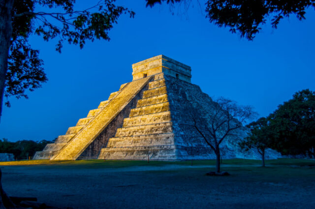 Exterior of the El Castillo pyramid at night