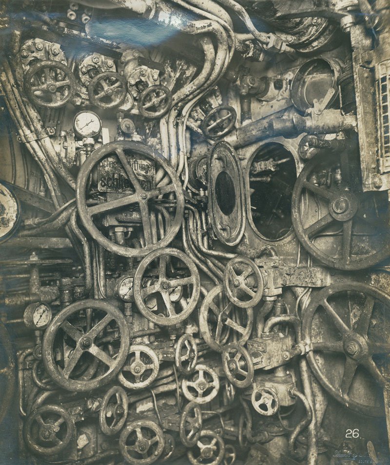 Control room of the UB-110 German submarine, ca. 1918