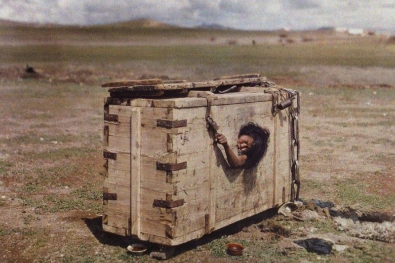 Despite the flourishing Buddhist monastacism, pre-Soviet Mongolia had plenty of cruelty, including this form of 'portable prison.' Prisoners were sometimes left in such boxes to starve.