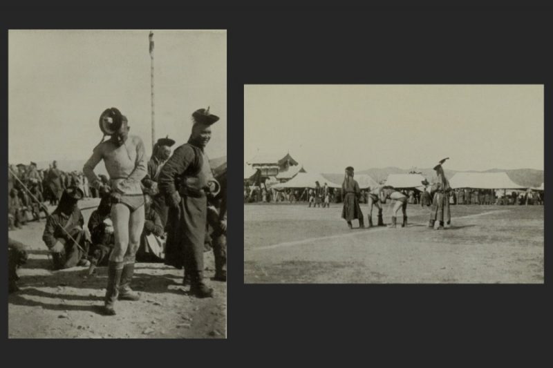 Here, as photographed by Beatrix Bulstrode, are Mongolian wrestlers participating in a festival one century ago