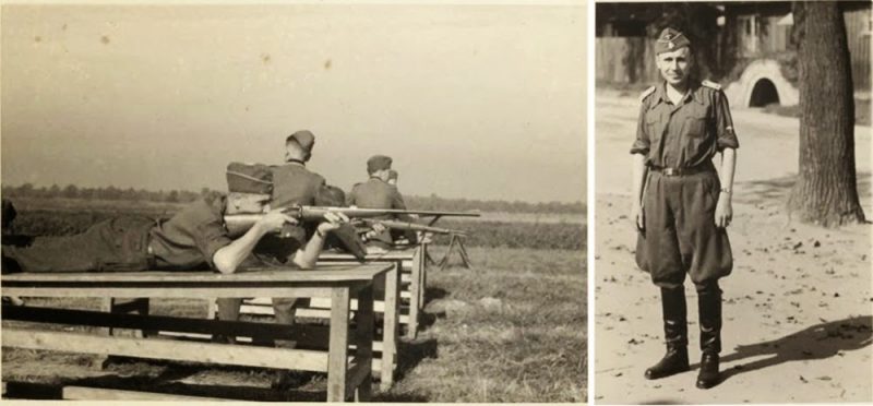 Hoecker, lying on a wooden platform about the height of a table, shoots a rifle. Right- Hoecker in his summer uniform.