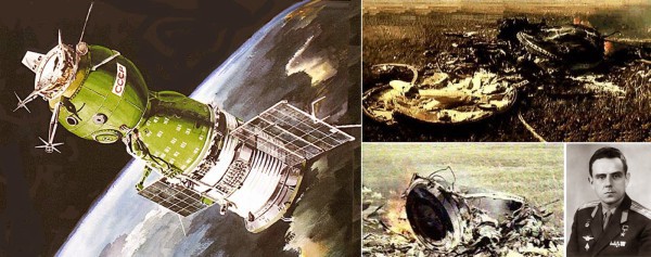 Soyuz 1 spacecraft (artistic depiction), the crash site and Vladimir Komarov.