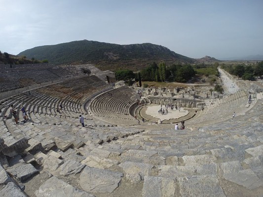 A wide angle photograph of the old roman theatre at the Ephesus archaeological site 