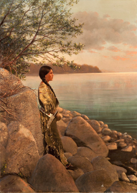 Handpainted print of a young woman by the river. Early 1900s. Photo by Roland W. Reed. Source - Denver Museum of Nature and Science.