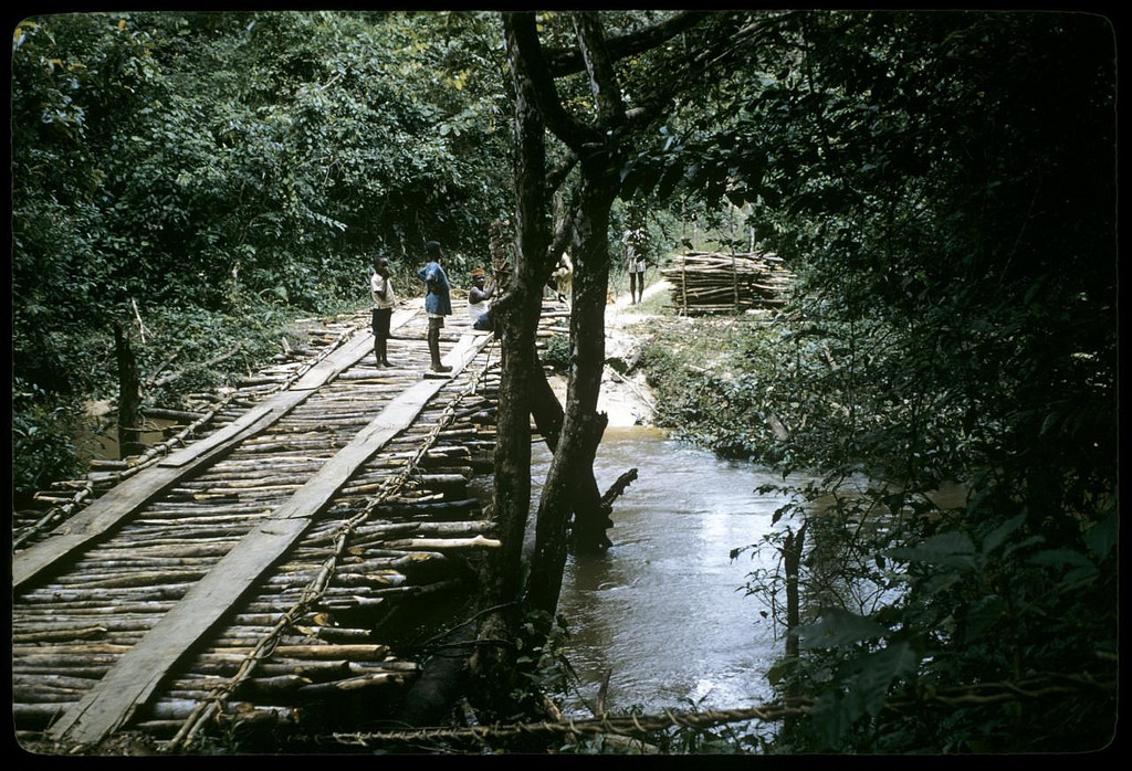 New Wozi Bridge, built by townspeople, Wozi, Liberia. William Gotwald Liberia mission slides, 1957-1960. ELCA Archives scan. http://www.elca.org/archives