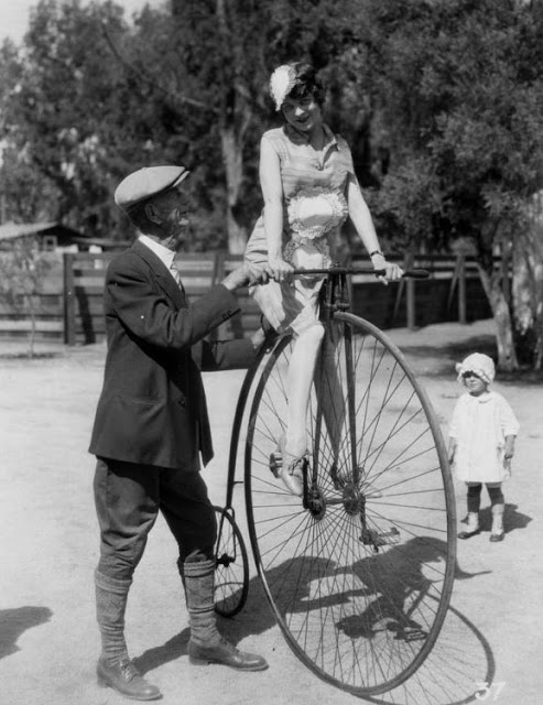 Riding a penny farthing in Hollywood, 1927