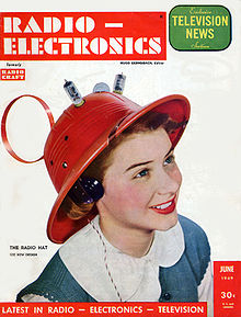 The June 1949 issue of Radio-Electronics showing the Man-from-Mars, Radio Hat, modeled by a 15 year old Hope Lange