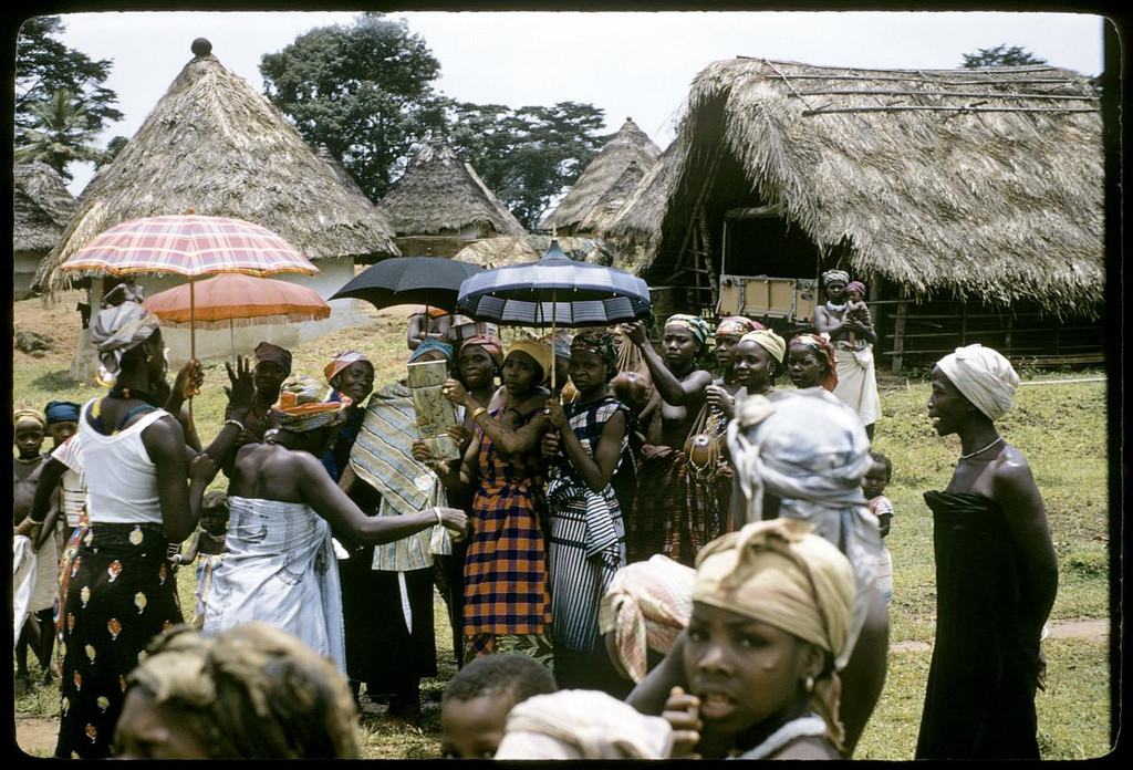 Welcoming dance by Wozi town women for return of Margaret D. Miller. William Gotwald Liberia mission slides, 1957-1960. ELCA Archives scan. http://www.elca.org/archives