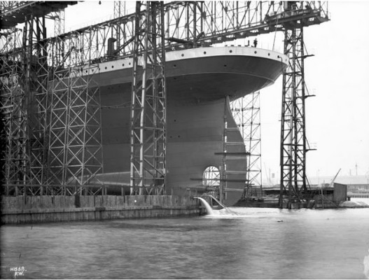 Titanic in the Great Gantry under construction at Harland and Wolff shipyards in Belfast. source