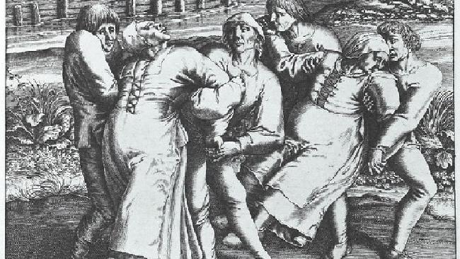 Engraving of Hendrik Hondius portrays three women affected by the plague. Work based on original drawing by Pieter Brueghel, a Renaissance painter, who supposedly witnessed a subsequent outbreak in 1564 in Flanders.