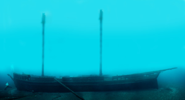 A photomosaic of the schooner Defiance, resting in 185 feet of water outside the sanctuary's northern boundary. (Thunder Bay National Marine Sanctuary NOAA)