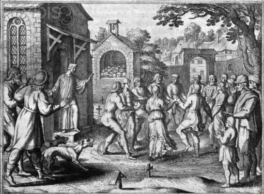 Ggroups of people caught up in 'dancing mania' or a 'dancing plague' .