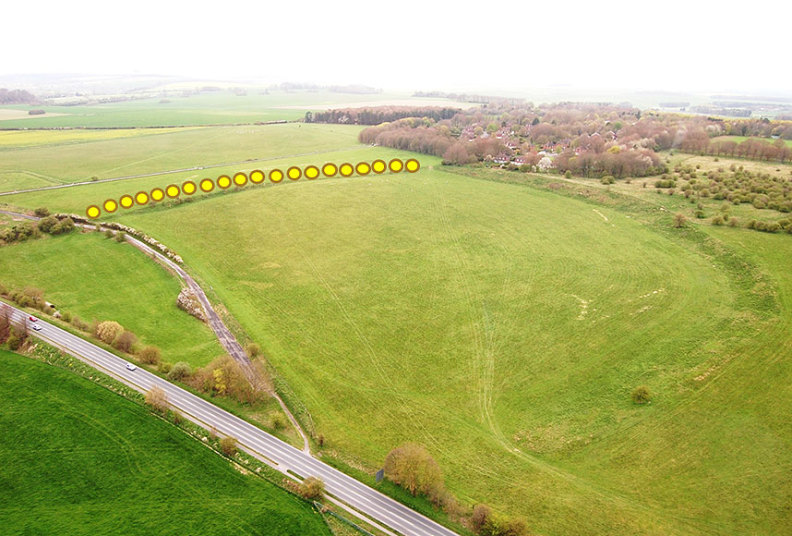 The yellow circles illustrate the route of the stone row, with the chalk scarp slope on the west side. source