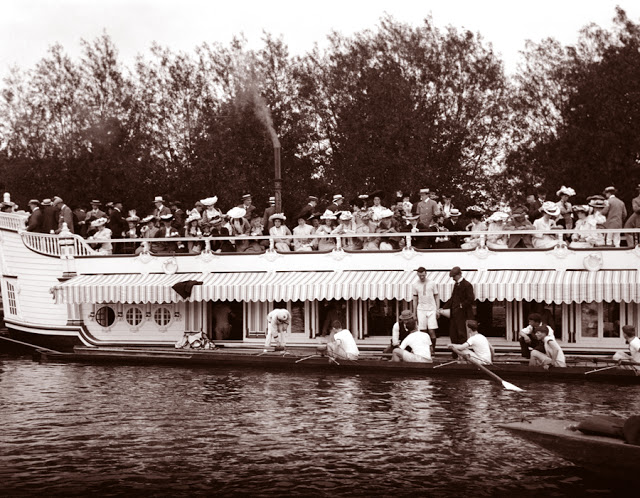 Eights crew at Keble College barge, Oxford, 1904