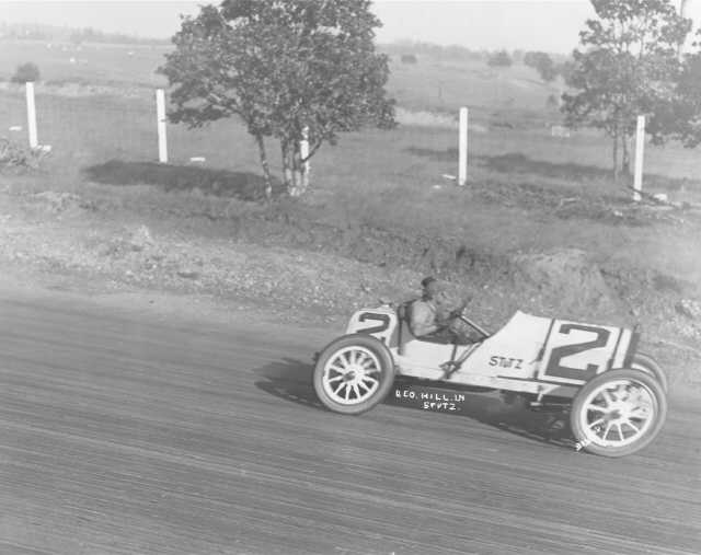 George Hill and his mechanician in car, a Stutz, on the new Tacoma Speedway track, 1915