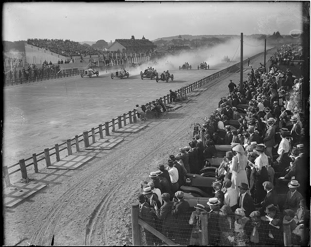 Narragansett Park Speedway in Providence, Rhode Island on a sunny fall afternoon, 1915