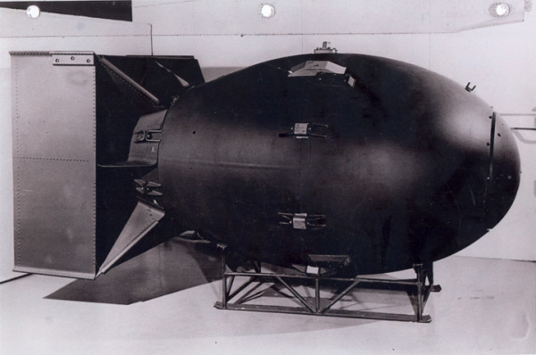 A nuclear weapon of the "Fat Man" type, the plutonium implosion type detonated over Nagasaki. 60 inches in diameter and 128 inches long, the weapon weighed about 10,000 pounds and had a yield approximating 21,000 tons of high explosives (Copy from U.S. National Archives, RG 77-AEC). source