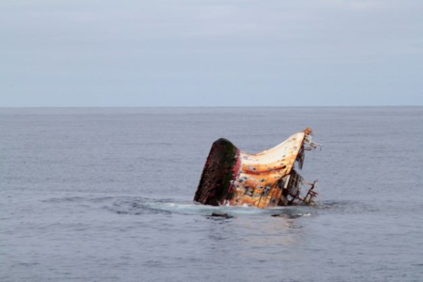 The rusted bottom of the Japanese fishing vessel, Ryou-Un Maru, is exposed as the vessel sinks in the Gulf of Alaska. source