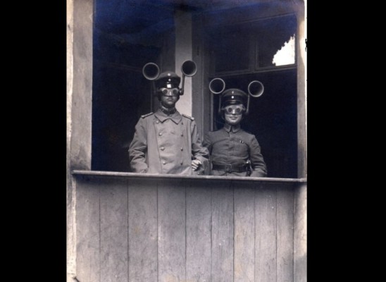 A junior officer and NCO from an unidentified Feldartillerie regiment wearing a portable sound locating apparatus, c. 1917