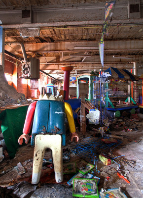 Old toys litter the shelves and floor
