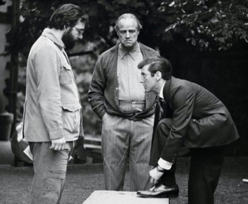 Coppola with his two leading actors. The Godfather would launch Pacino’s film career and revitalize Brando’s