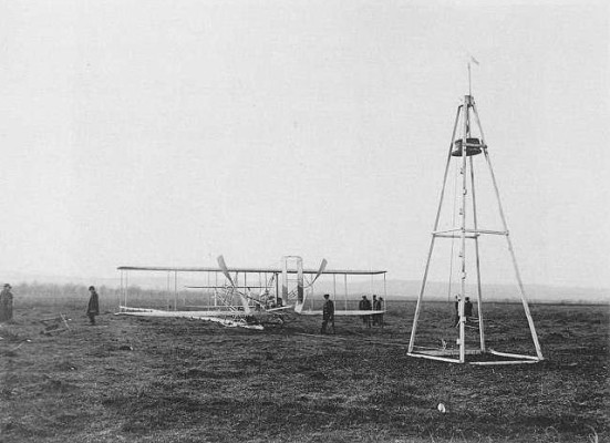 Wright Model A Flyer flown by Wilbur 1908–1909 and launching derrick, France, 1909.