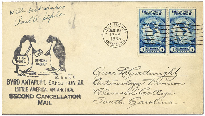 The cachet featuring two penguins was for mail that received the second cancellation at Little America, Antarctica. source