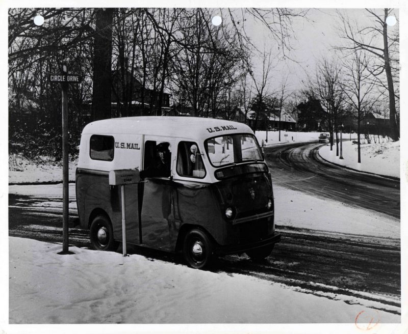 Photograph of mail van in the snow 1953