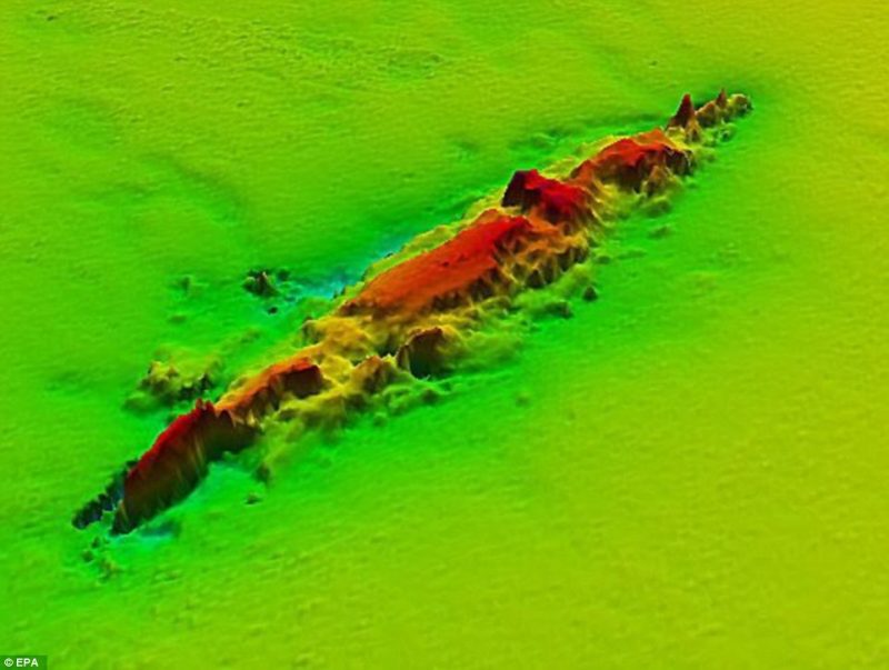 The final resting place of SMS Lützow, scuttled during the Battle of Jutland in 1916, was found by HMS Echo on a surveying voyage on the Cimbrian Peninsula off the coast of Denmark. This is the 3D scan of where the ship lies beneath the water off the Danish coast 