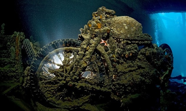 One of the motorbikes found inside the hold of HMS Thistlegorm, which was sunk in the Red Sea by German bombers in 1941. The bikes were bound for British troops. Photo credit Alexander Mustard 