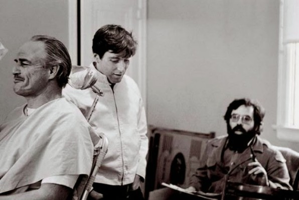 Marlon Brando, Al Pacino and Francis Ford Coppola during makeup session