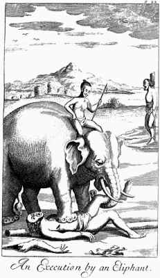 A condemned prisoner being dismembered by an elephant in Ceylon. Drawing from An Historical Relation of the Island Ceylon by Robert Knox.Source