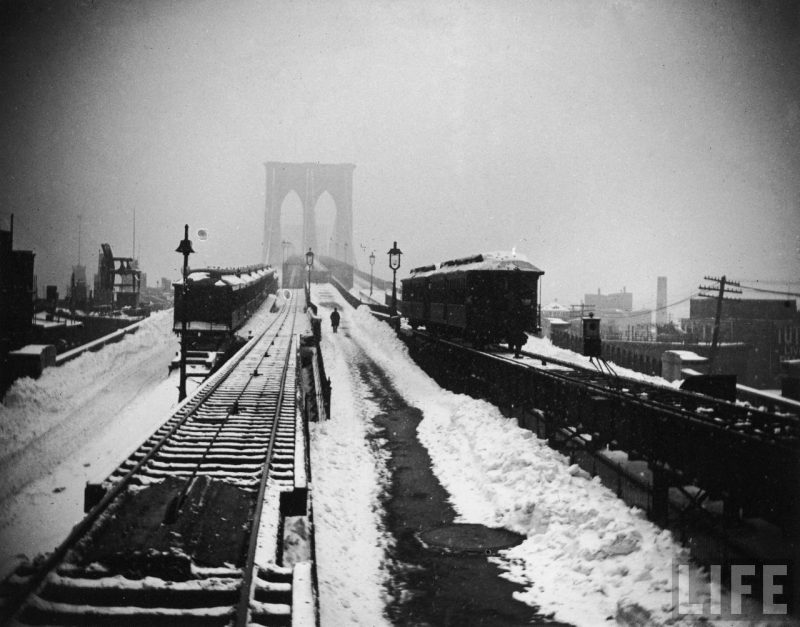 Brooklyn Bridge during the blizzard. Wikipedia