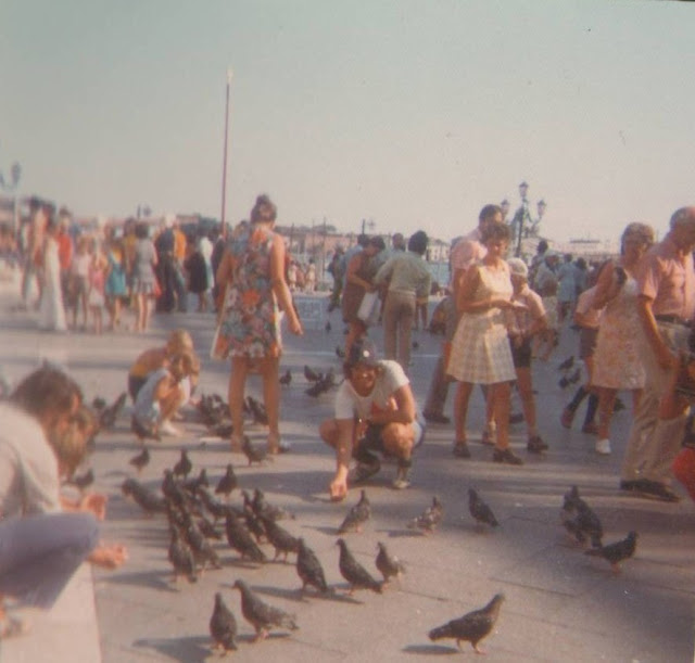 Feeding pigeons in Piazza San Marco, Venice, 1973