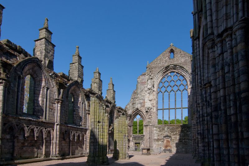 Ancient ruins of abbey which stands behind Palace of Holyrood House.