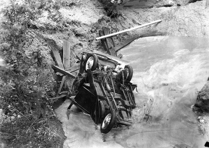 Jan. 1, 1934: Five people drowned when this car and Rush Avenue bridge was swept into the Alhambra Wash, near present day Whittier Narrows Recreation Area. This photo was published in the Jan. 2, 1934 Los Angeles Times.