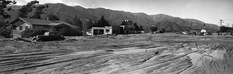 Jan. 2, 1934: Panorama made from three negatives in the Los Angeles Times Archive at UCLA showing mud-covered Honolulu Ave. in Montrose. This panorama was published in the Jan. 3, 1934 Los Angeles Times.