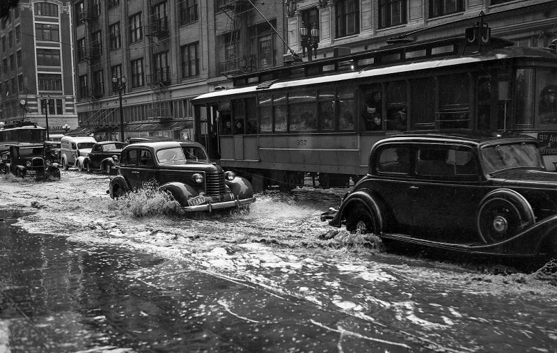 March 2, 1938 Drains could not keep up with rain filling streets in downtown Los Angeles.