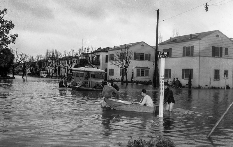 March 2, 1938 Flooding at West 43rd Place and 11th Avenue near Leimert Boulevard stranded a school bus.