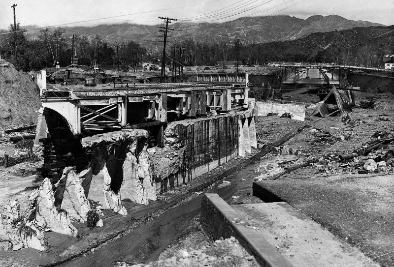 March 3, 1938 The La Canada Street Bridge over Verdugo Wash near junction of Verdugo Road. The bridge, a WPA project, was under construction when the storm hit.