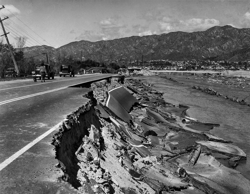 March 5, 1938 Heavily traveled Riverside Drive in Glendale was undermined by the torrent of the Los Angeles River. This damaged section was near the former Grand Central Airport.