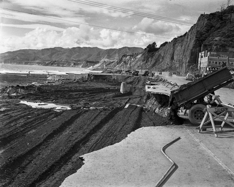 March 7, 1938 A portion of Roosevelt Highway (now Pacific Coast Highway) at Santa Monica Canyon is repaired after heavy rains on March 1