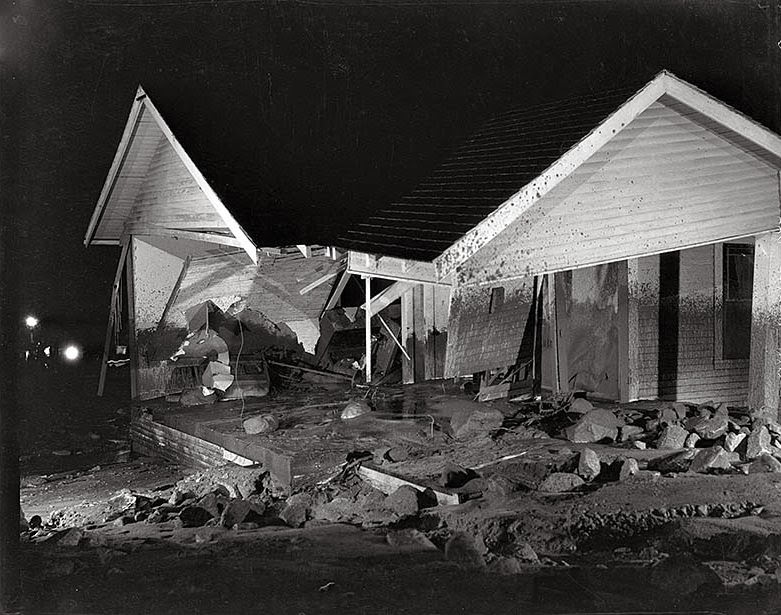 Oct. 18, 1934: Severly damaged home located at Sunset Ave. near Florencita St. in Montrose. This photo was published in the Oct. 18, 1934 Los Angeles Times. Monrose suffered two major floods in 1934, this October event and a more damaging one on Jan. 1, 1934.