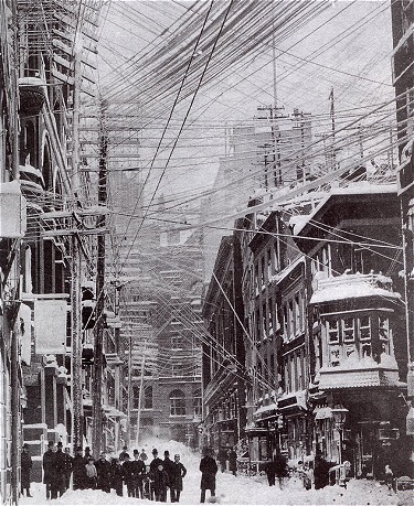 Streets in New York City as the storm hit. Many overhead wires broke and presented a hazard to city dwellers